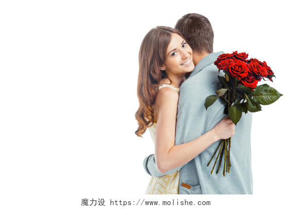 白色背景上美丽的年轻女子和男朋友拥抱的浪漫照片幸福婚姻情侣幸福情侣幸福的人七夕520情人节214情人节